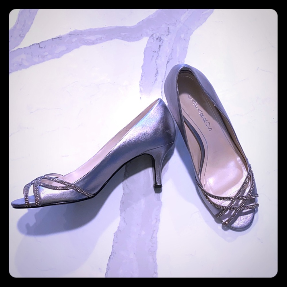 Silver rhinestone peep toe pumps